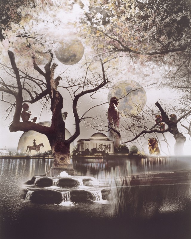 Photo: A surreal take on the US capital city, Wash., DC. Cherry blossoms explode, there are multiple moons in the sky, monuments assume monumental size, and gargoyles hang out on trees. Selenium toned before handcoloring.